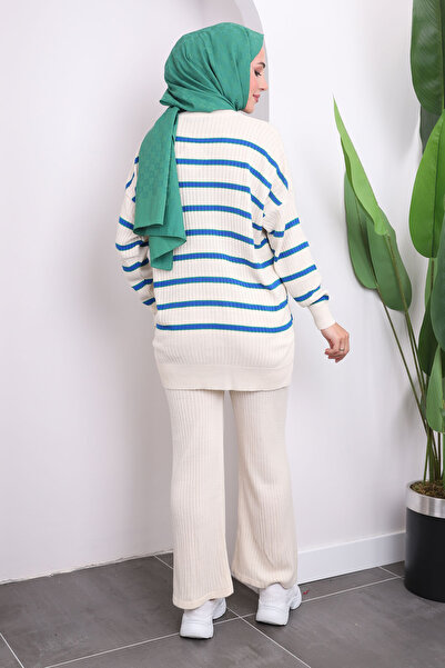 İmajButik Cream/Blue Striped Knitwear Tunic Trousers Set