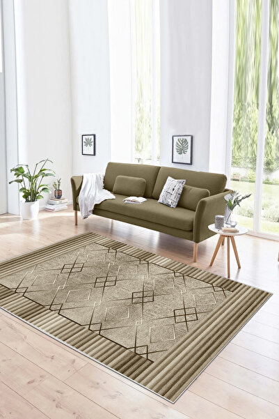Halise Home Dokulu ve Çerçeveli Modern Desenli Kaymaz Tabanlı Yıkanabilir Bas...