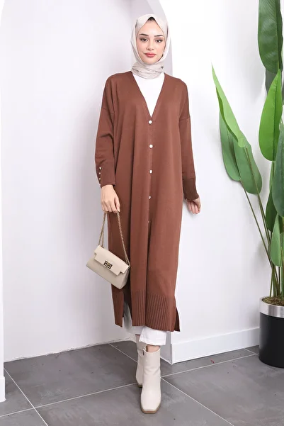 İmajButik Cardigan mercerizat cu fir lung și rece cu nasturi maro