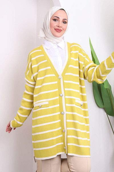 İmajButik Ζακέτα με πράσινο φιστίκι με ριγέ μακριά πλεκτά
