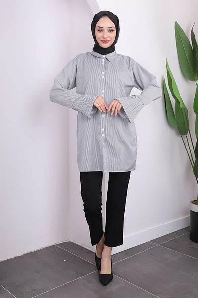 İmajButik Tunica plisata cu dungi - Negru/Alb, Maneca cu nasturi