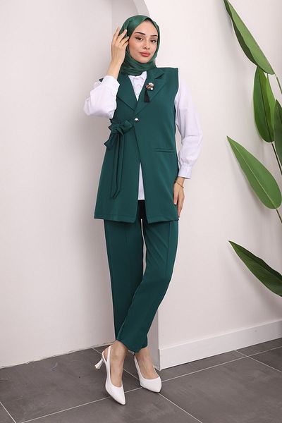 İmajButik Emerald Green Bronchied Vest and Shirt - Pants Set