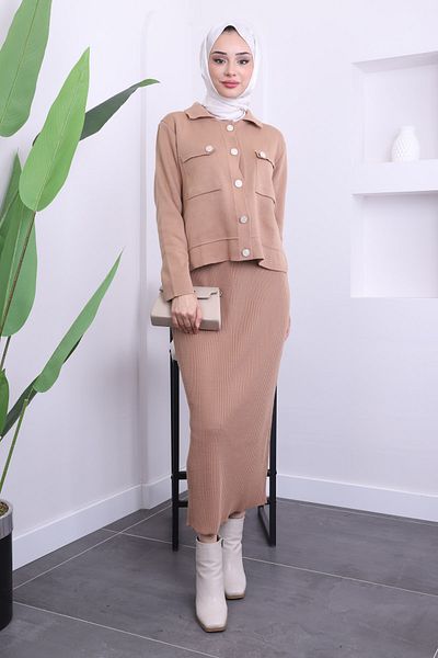 İmajButik Σετ Πλεκτό Μπισκότο Crop Ζακέτα με Φούστα