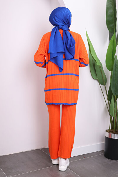 İmajButik Orange Striped Knitwear Tunic Trousers Double Set