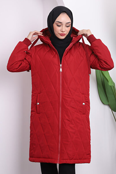İmajButik Claret Red Hooded Καπιτονέ πουπουλένιο παλτό με τσέπες