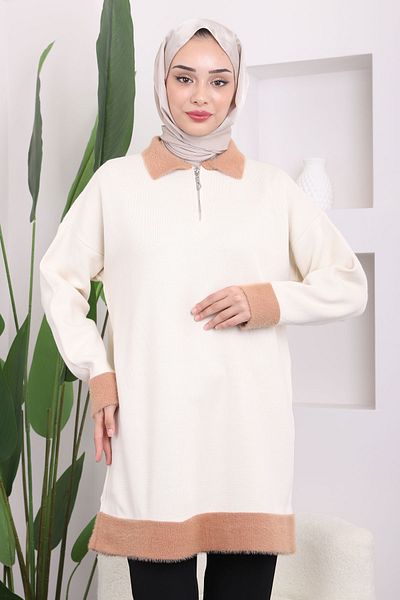 İmajButik Κρεμ πλεκτό τουνίκ με φερμουάρ