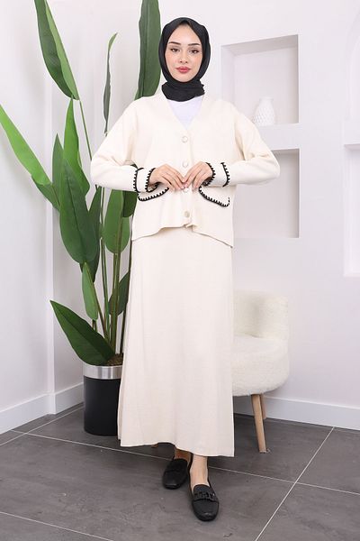 İmajButik Cream Shepherd Stitched Skirted Knitwear Cardigan Set