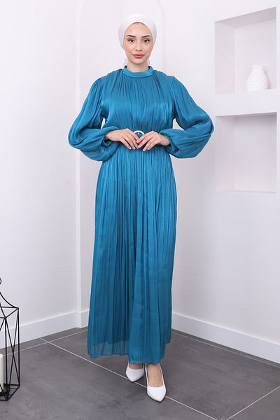 İmajButik Πράσινο βραδινό φόρεμα - μπαλόνι μανίκι και ελαστική μέση
