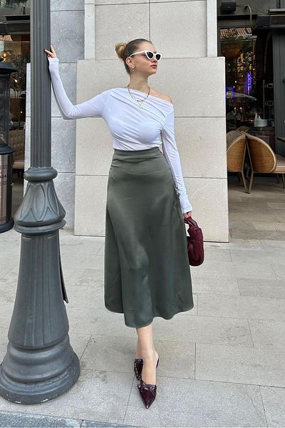 Madmext Khaki Midi Length Women's Satin Skirt Mg1409
