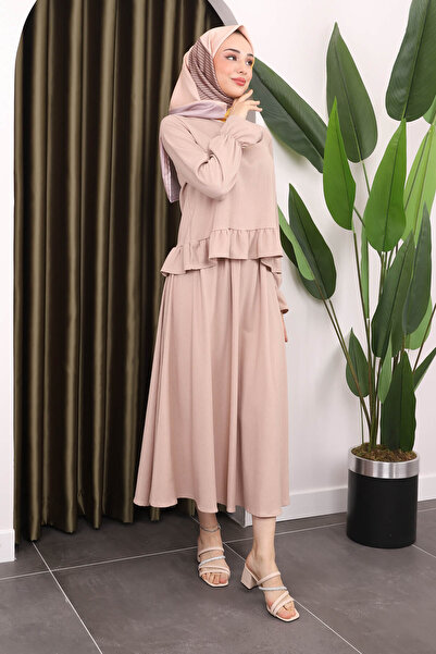 İmajButik Beige Blouse and Skirt Set - Sleeve Detail