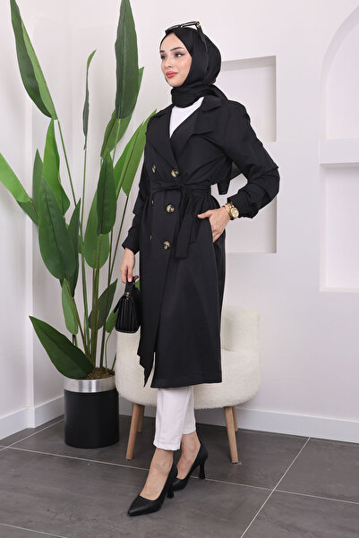 İmajButik Μαύρη καμπαρντίνα με διπλό γιακά με κουμπιά