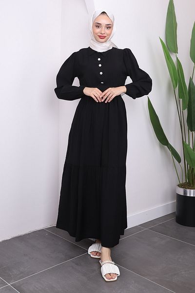 İmajButik Μαύρο λινό φόρεμα με κορδόνι μέσης