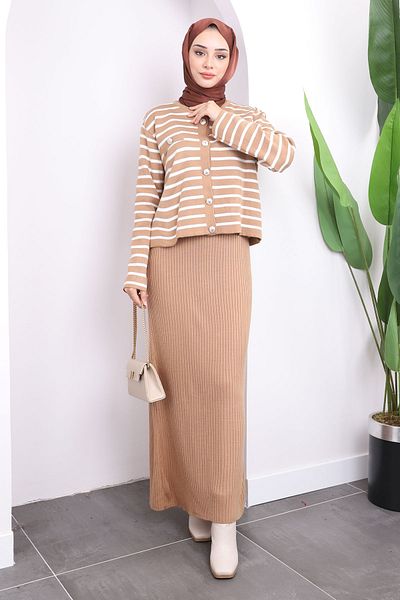 İmajButik Μπισκότα Crop Ζακέτα Πλεκτά Φόρεμα Διπλός Συνδυασμός