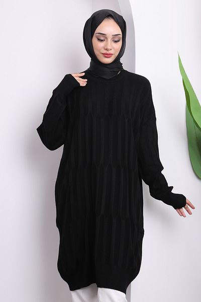 İmajButik Black Crew Neck Mercerized Casual Knitwear Tunik