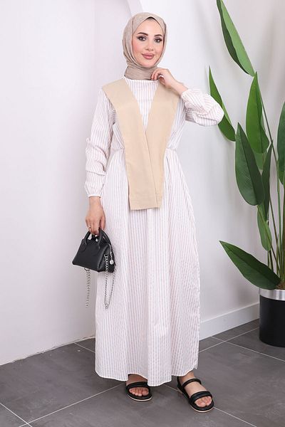İmajButik Ριγέ φόρεμα με λεπτομέρεια γιακά βιζόν
