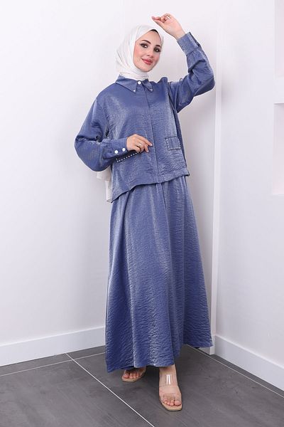 İmajButik Indigó ing és szoknya szett - Stone Detailed