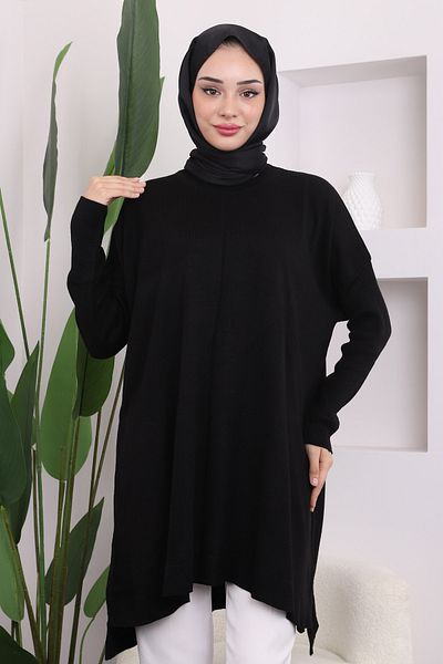 İmajButik Μαύρο Crew Neck Mercerized Casual Knitwear Tunic