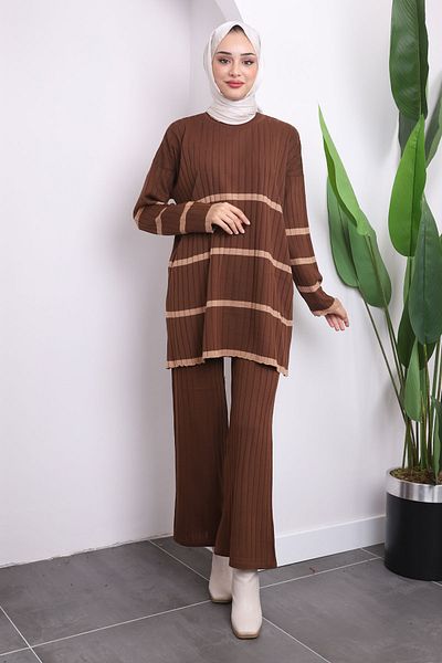 İmajButik Καφέ ριγέ πλεκτό παντελόνι τουνίκ Σετ δύο τεμαχίων