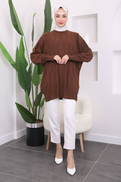 İmajButik Brown Crew Neck Mercerized Casual Knitwear Tunik