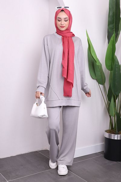 İmajButik Γκρι Crew Neck Modal Tunic Παντελόνι Κοστούμι