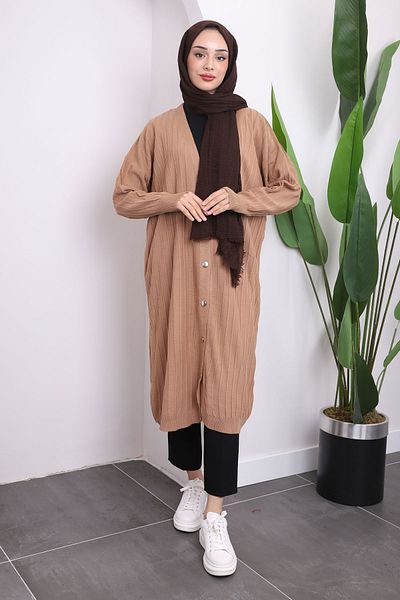 İmajButik Biscuit Buttoned Long Knitwear Mercerized Cardigan
