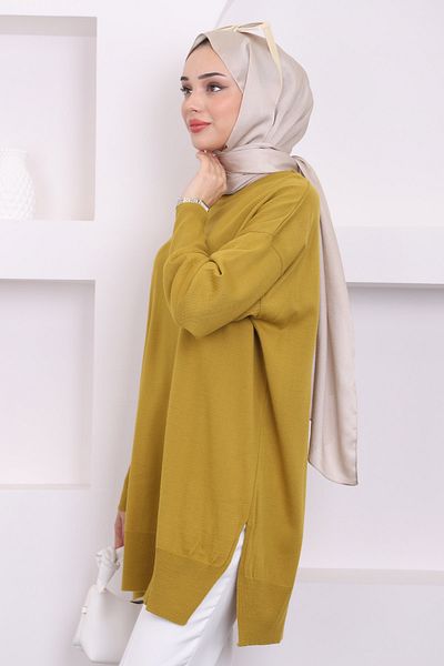 İmajButik K. Oil Green Crew Neck Mercerized Casual Knitwear Tunic