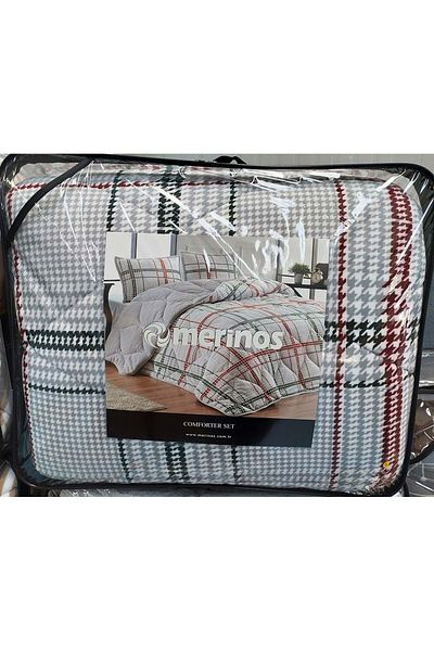 Mandaş Merino Comforter Set, Double Quilt Pillowcase - Elba Gray Red