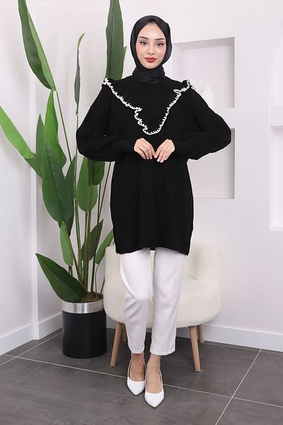 İmajButik Black Frilly Corded Knitwear Tunic