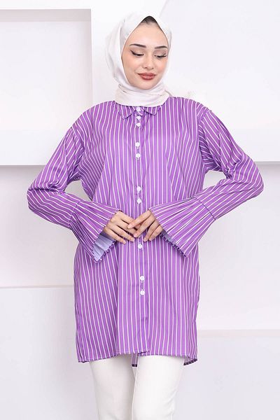 İmajButik Purple Striped Pleated Sleeve Tunic - Buttoned Design