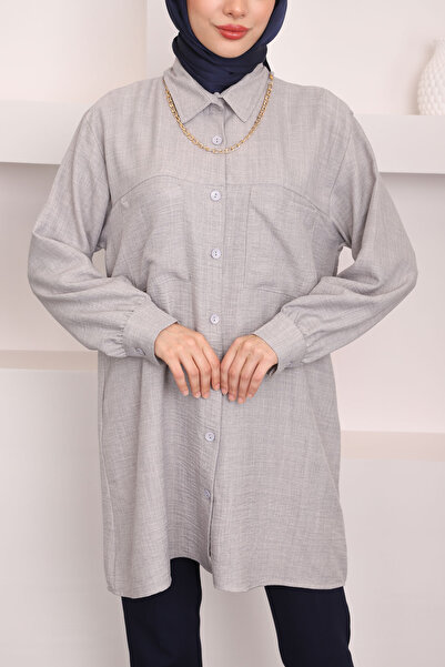 İmajButik Gri Yaka Bronşlu Omuz Piliseli Gömlek