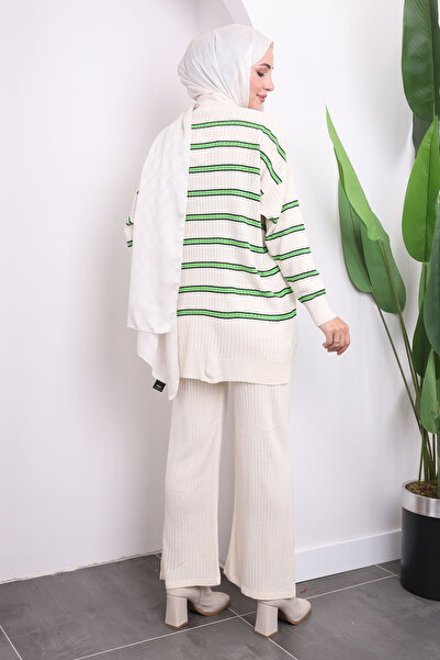 İmajButik Cream/Mint Striped Knitwear Tunic Trousers Set