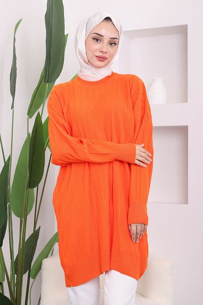 İmajButik Πορτοκαλί Crew Neck Mercerized Casual Knitwear Tunic