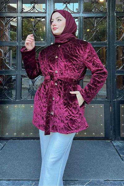 Oven Burgundy Velvet Thin Coat - Heart Patterned