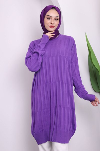 İmajButik Μωβ Crew Neck Mercerized Casual Knitwear Tunic