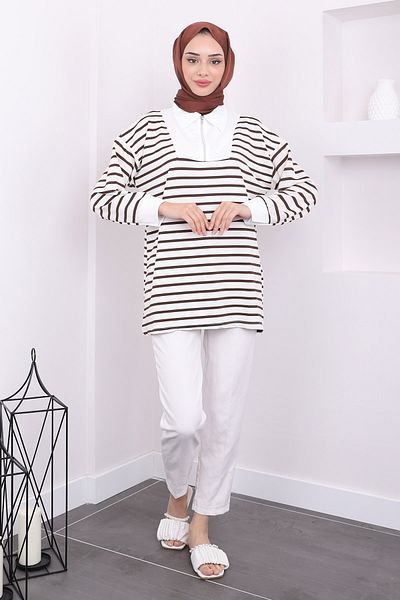 İmajButik Φούτερ με φερμουάρ σε σκούρο καφέ ριγέ με δύο κλωστές
