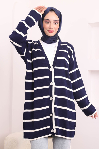 İmajButik Μπλε ριγέ πλεκτή ζακέτα