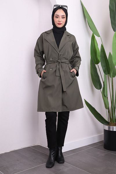 İmajButik Καμπαρντίνα με κουμπιά με ζώνη χακί μέσης