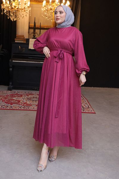 İmajButik Φόρεμα από τούλι Lurex με μανίκι δαμάσκηνο ελαστική μέση
