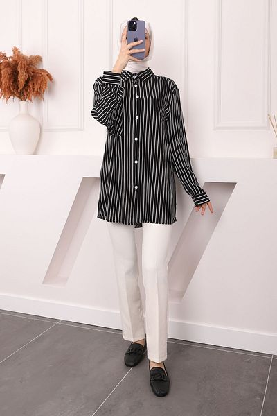 İmajButik Μαύρο ριγέ πουκάμισο μονής τσέπης