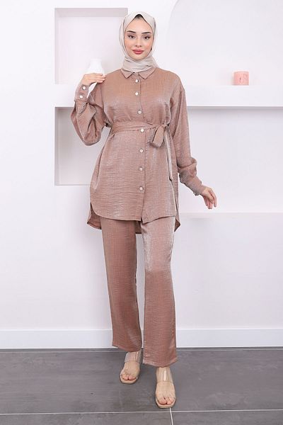 İmajButik Σετ σατέν τουνίκ και παντελόνι - Camel Buttoned
