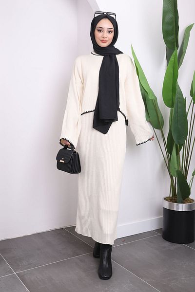 İmajButik Κρεμ πλεκτό Crop Φόρεμα Διπλό Σετ