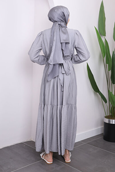 İmajButik Linen Gray Dress - Waist Gathered