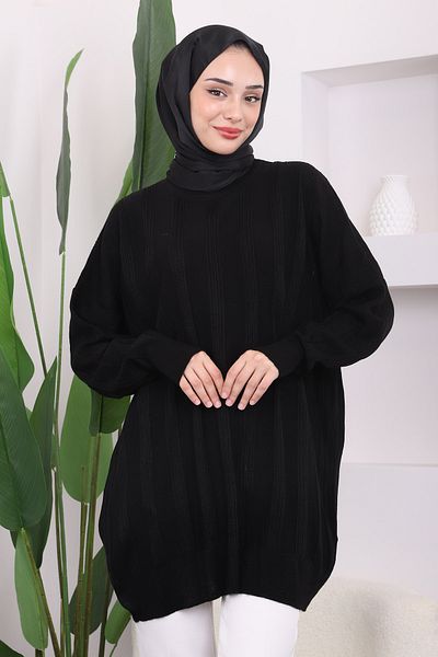 İmajButik Black Crew Neck Mercerized Casual Knitwear Tunik