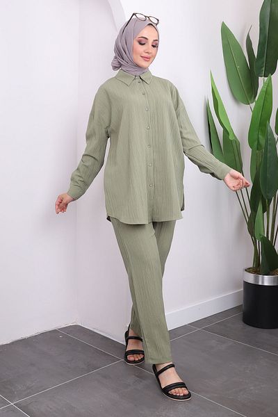 İmajButik Σετ πουκάμισο και παντελόνι σε χακί χρώμα - με κουμπιά
