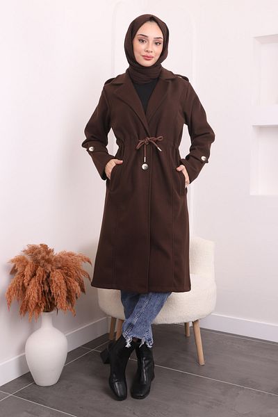 İmajButik Καφέ παλτό με γραβάτα στη μέση