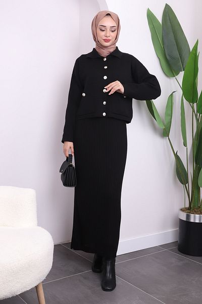 İmajButik Black Crop Cardigan Knitwear Dress Double Combination