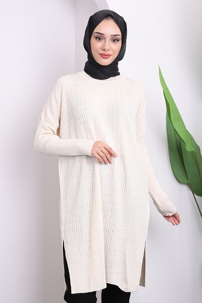 İmajButik Κρεμ Crew Neck Mercerized Casual Knitwear Tunic
