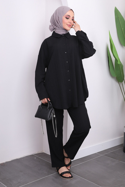 İmajButik Black Pants Set with Shirt and Buttons