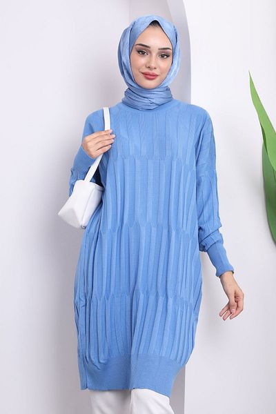 İmajButik Indigo Crew Neck Mercerized Casual Knitwear Tunic