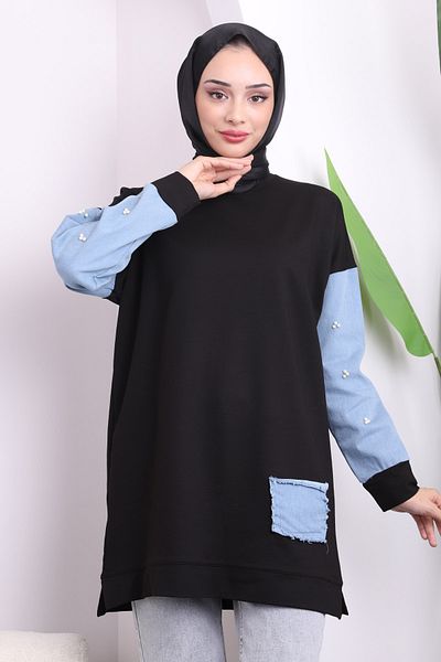 İmajButik Black Sleeve Bead Detailed Two Thread Tunic